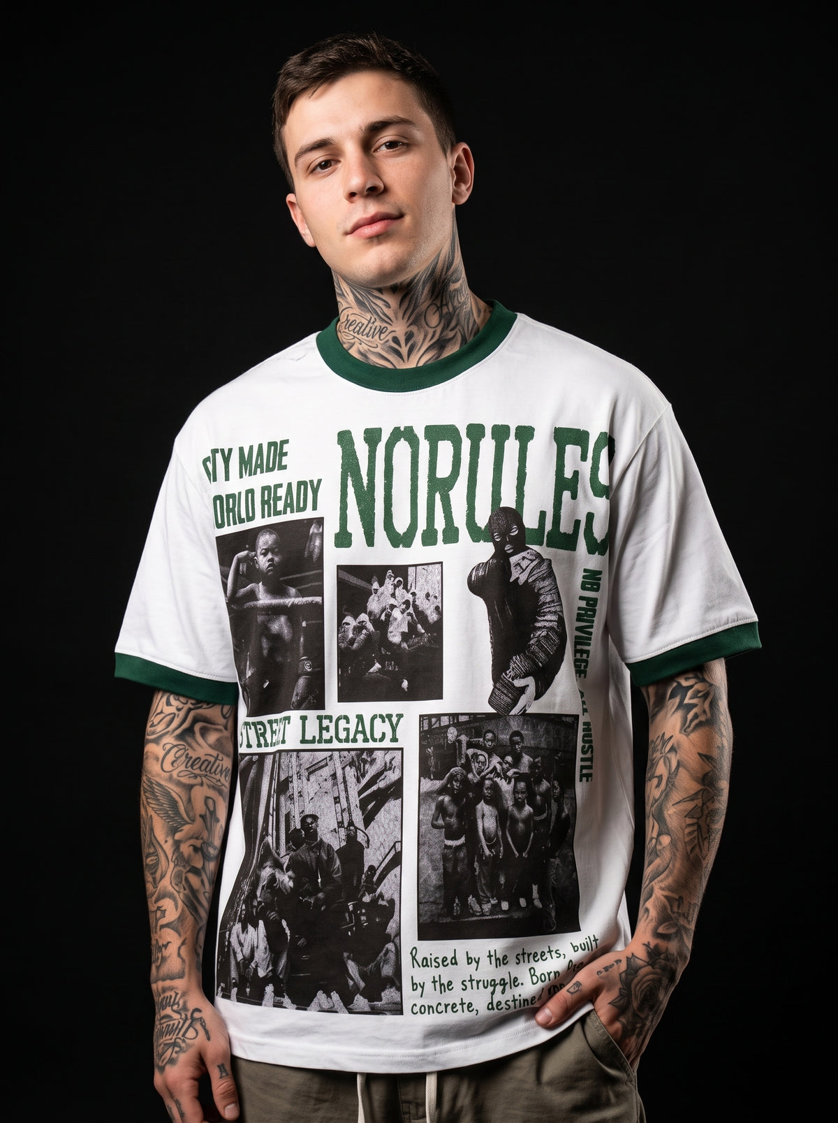 NORULES Street Legacy Ringer Tee - White/Forest Green