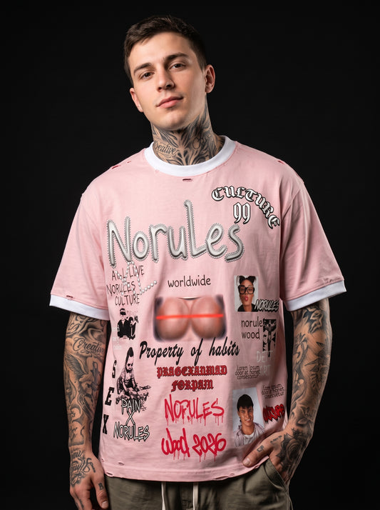 NORULES Pain x Habits Distressed Tee - Soft Pink