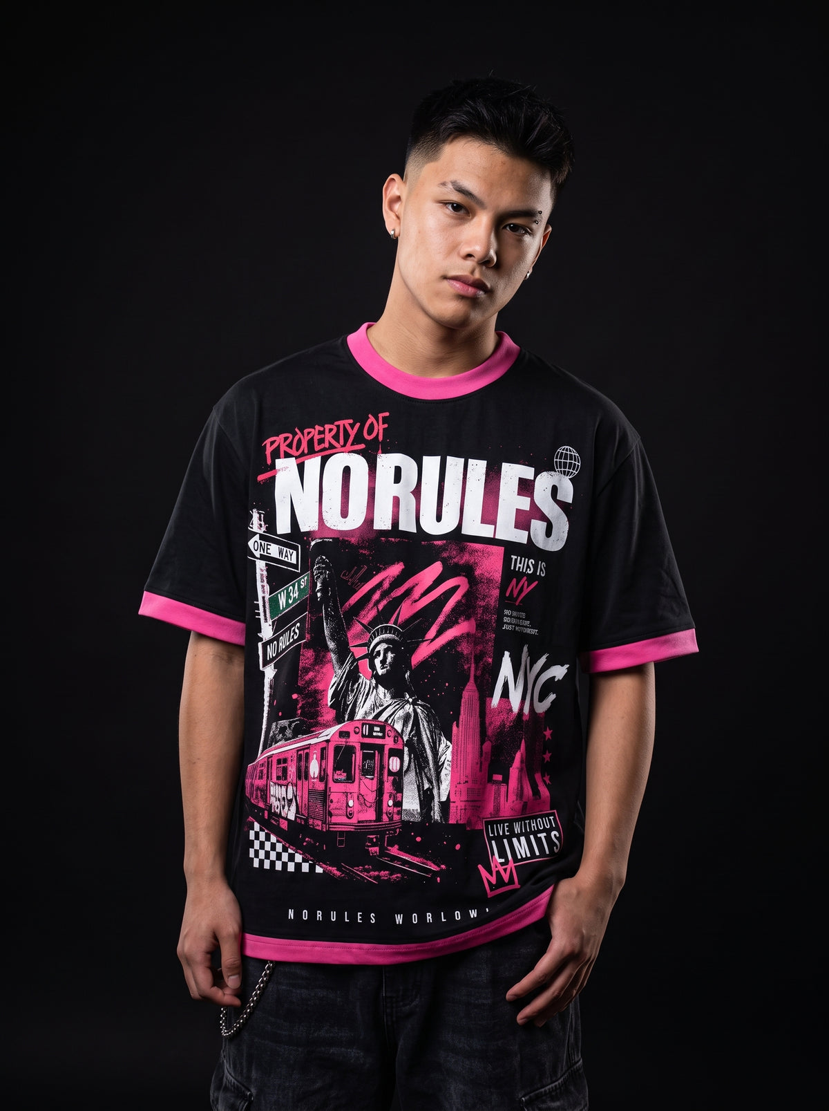 NORULES NY Limits Statement Tee - Black/Neon Pink